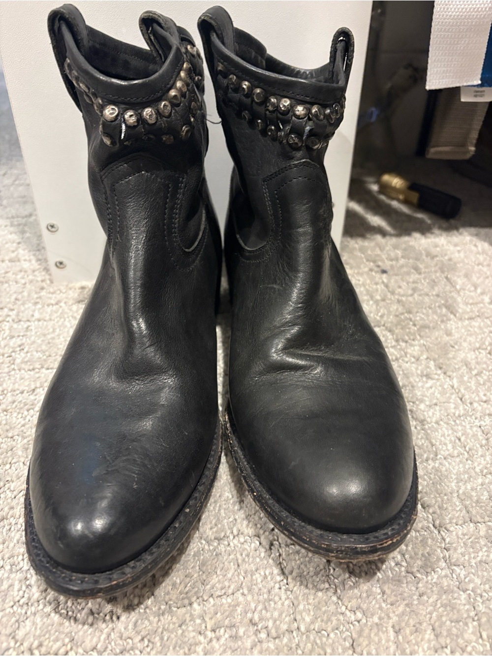 Frye Black Leather Studded Ankle Boots